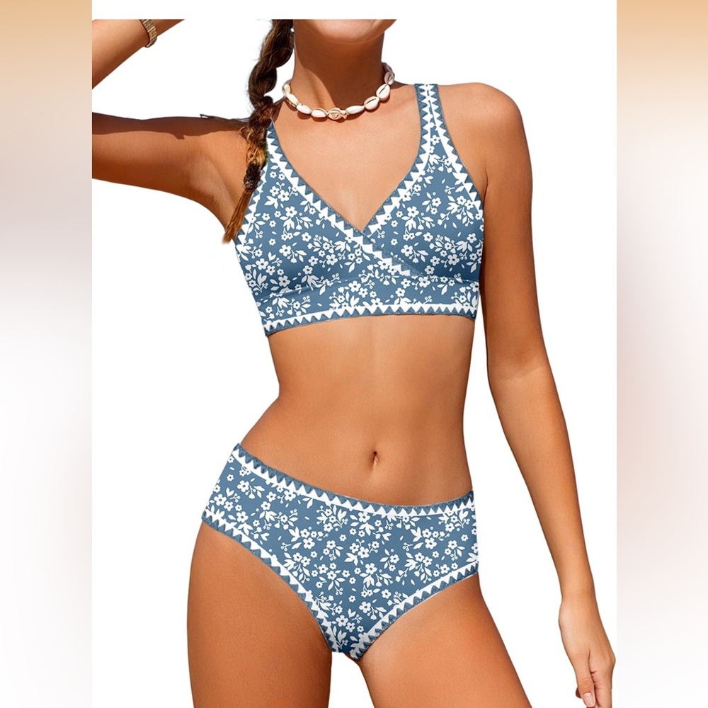 KANGKANG Girls Bikini Set, Size 10-12 Solid Color V-Neck Teen SuitW/chest pads